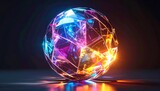 A vibrant, multifaceted crystal sphere glowing with neon blue, purple, and orange light against a dark background, creating a futuristic and abstract visual.