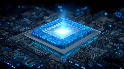 Wall Mural - Blue glowing microchip with advanced circuit board design, suitable for technology, electronics, and innovation concepts
