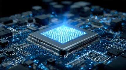Wall Mural - Blue glowing microchip with advanced circuit board design, suitable for technology, electronics, and innovation concepts
