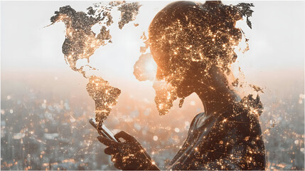 Wall Mural - Double exposure of woman with smartphone and interactive global map, suitable for technology, connectivity, and digital platform commercial themes
