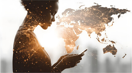 Wall Mural - Double exposure of woman with smartphone and interactive global map, suitable for technology, connectivity, and digital platform commercial themes
