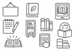 © Mia - Book reading and education line icon set. Vector icons for library, bookstore, learning, and literature. Includes ebook, bookshelf, study, and writing symbols for UI/UX. Editable stroke.