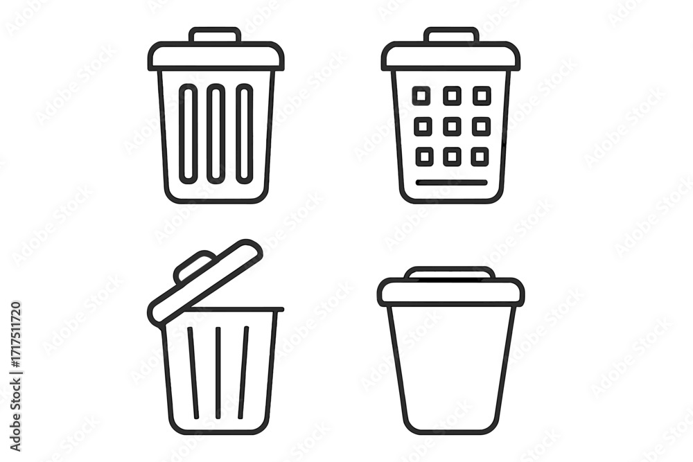 Trash can icon set. Editable stroke vector illustration of trash bin ...