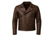 © whitestorm - Brown leather biker jacket with classic design and prominent silver hardware details.