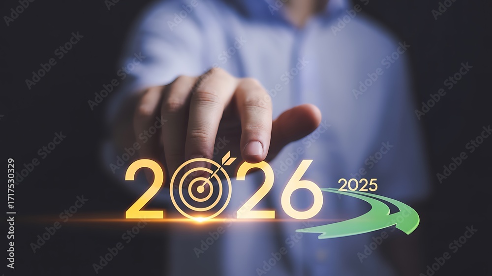 Hand points to 2026 target with arrow and 2025 growth curve Stock Photo ...