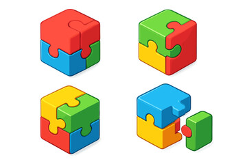 3D puzzle cube vector icon set. Isometric jigsaw block for business strategy, teamwork, and problem-solving. Colorful concept of connection, solution, and education.