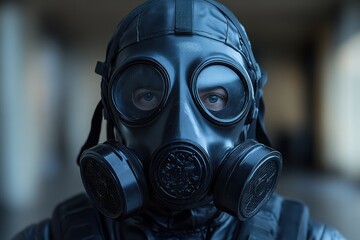 person wearing a gas mask looking directly at the viewer in a building.