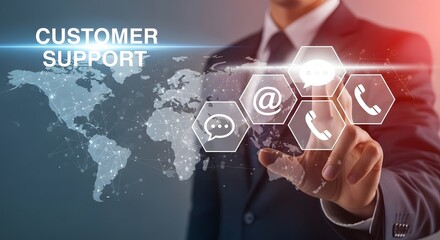 Businessman touching customer support icons on a digital world map