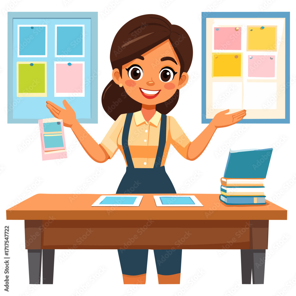 Cartoon teacher standing behind a desk in a classroom with bulletin ...