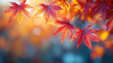 Blurred autumn leaves in sunlight background, closeup maple tree branch on beautiful fall day, copy space, 3D illustration, high-resolution, detailed, isolated on white