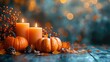 © 卯卯 柳 - Rustic wooden table with pumpkins and candles surrounded by autumn leaves, blurred background emphasizing fall decor, warm lighting for social media or event promotion