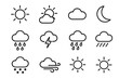 © Pat - Weather line icon set. Meteorology forecast outline symbols collection. Sun, cloud, rain, snow, wind, storm, moon. Simple linear pictogram pack for web, app ui. Editable stroke.