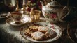 © Aliaksandr - A beautifully arranged tea set with a floral design, featuring a teapot, cup, and plate of decorated cookies. The scene is warm and inviting, perfect for a cozy gathering.