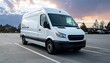 © Haven - Commercial transport scene—white high-roof cargo van parked in spacious lot during sunrise or sunset, colorful sky and soft lighting highlight van’s form, calm surroundings with trees and buildings ev