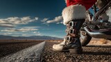Santa riding motorcycle with black leather boots on open road scenic landscape adventurous spirit