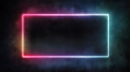 Wall Mural - a glowing rectangular neon frame with a pink to blue gradient on a dark textured smoky background