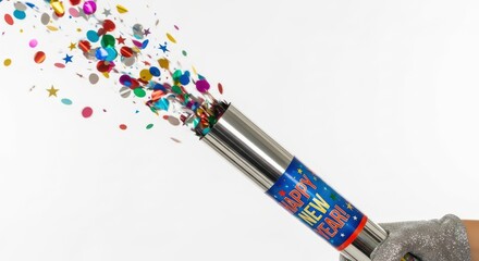 New Years Eve confetti cannon exploding with colorful party celebrations