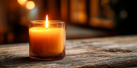 Wall Mural - burning candle with soft warm light on wooden surface