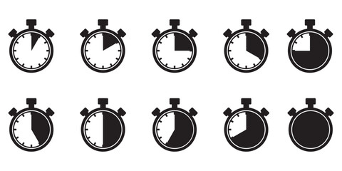Wall Mural - Clock icon set in red color on white background. Collection of stopwatch and countdown timer symbols. Vector illustration for time tracking, scheduling, and efficiency design.