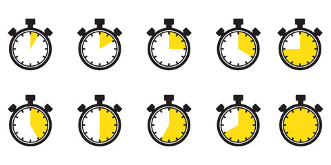 Wall Mural - Clock icon set in red color on white background. Collection of stopwatch and countdown timer symbols. Vector illustration for time tracking, scheduling, and efficiency design.