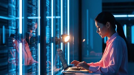A young female network engineer works on a laptop in a futuristic data center with glowing server racks, conveying modern technology, cybersecurity, and data management.