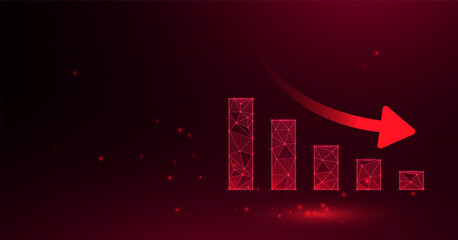 Wall Mural - Business graph is falling down, bad finance, technology line graphic illustration, red background.