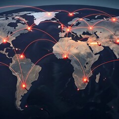 Wall Mural -  world. Internet Concept of global business.World New map with glowing lines on dark background. Network and communication concept. 3D Rendering	
