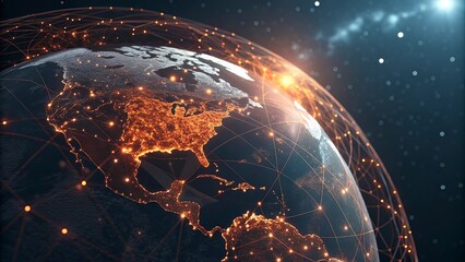 Wall Mural -  world. Internet Concept of global business.World New map with glowing lines on dark background. Network and communication concept. 3D Rendering	
