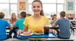 © Natsumae - Smiling Girl Holds School Lunch Tray With Burger Donut And Drink Happy Mealtime In Cafeteria