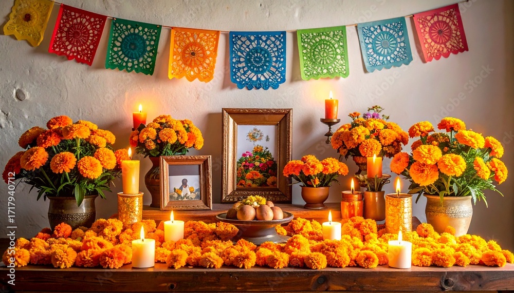Ofrenda altar setup with skulls, marigold, candles, frames, papel ...