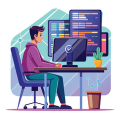 Coder at desk, multiple monitors