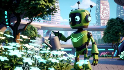 A friendly robot tends to vibrant flowers in a futuristic urban garden.