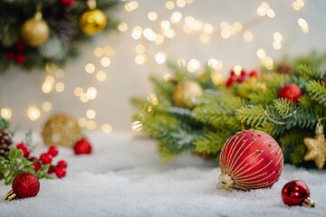 Wall Mural - christmas holiday background with snow, fir tree and decorations with christmas light behind. christ