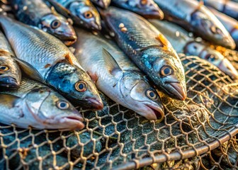 Freshly caught fish displayed on a net, showcasing their silvery scales and vibrant colors, ideal for seafood, fishing, or culinary themes