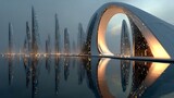 Futuristic organic shaped skyscrapers near water high resolution picture