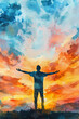 © Fotoproff - The illustration is a sketch of a man with his arms raised up and to the sides. Happiness, religion, faith. Watercolor drawing