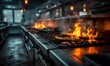 © Saxena - Professional kitchen cooking with flames and pans on stove for restaurant culinary experience