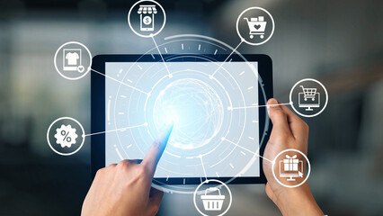 Wall Mural - Omni-channel marketing and online shopping strategies, cross-platform customer experience, brand unification, and integrated marketing communication across digital channels. Gist