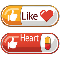 Glossy 3d vector buttons with heart shapes and subtle shine effects