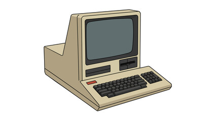 Vintage retro computer with keyboard and monitor on white background