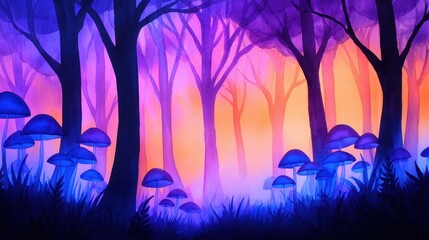 Wall Mural - Enchanted forest at twilight with glowing mushrooms and vibrant colors, creating a mystical atmosphere