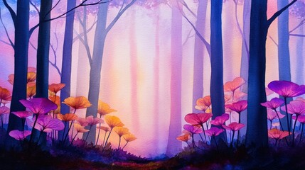Wall Mural - Enchanted forest at dawn with vibrant pink flowers and soft pastel light filtering through trees
