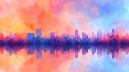 Wall Mural - Vibrant city skyline at sunset reflecting on water, with colorful clouds creating a serene atmosphere