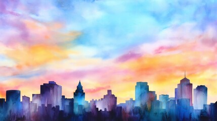 Wall Mural - Vibrant watercolor city skyline at sunset with colorful clouds and silhouettes of buildings in background