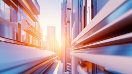 Wall Mural - Futuristic cityscape at sunset showcasing sleek skyscrapers and vibrant reflections in urban environment