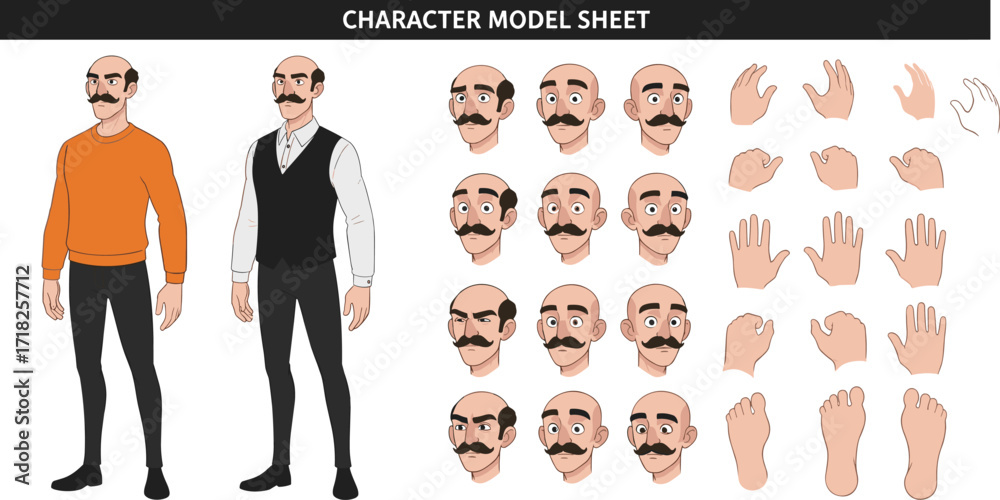 Character model sheet, cartoon man, facial expressions, hand gestures ...
