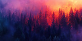 Vibrant sunset over dense forest with colorful sky and misty atmosphere, flat lay composition