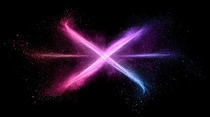 Wall Mural - Vibrant, glowing X-shaped design erupts from a black background with pink and blue particle trails.