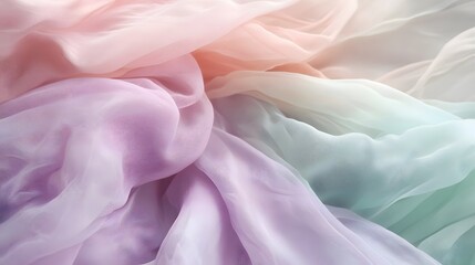 Wall Mural - A close-up view of flowing, soft chiffon fabric in a delicate ombre color gradient from pinks and lavenders to minty greens, showcasing the material's smooth texture and airy feel.