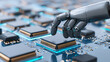 © Soulc - Robotic hand placing a microchip on a circuit board in a high-tech manufacturing environment